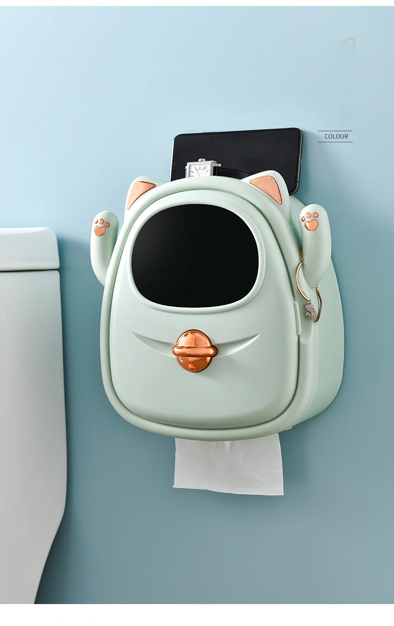 Lucky Cat Wall-Mounted Hole-Free Multifunctional Plastic Tissue Storage Bathroom Rack Dual Purpose Paper Pumping Box Household Ware
